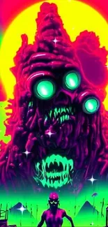 Neon horror art with a grotesque creature in vibrant colors.