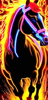 Vibrant neon horse with multicolored lights on black background.