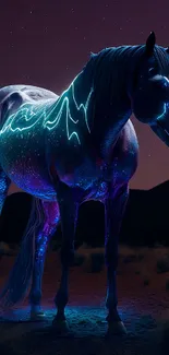 Neon horse glowing in a starry desert night scene.