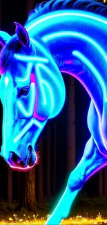 Neon horse roaming in an enchanted forest at night.