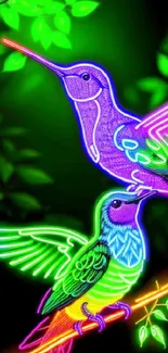 Neon art of two vibrant hummingbirds on a green background.