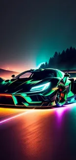 Futuristic neon car in a night drive with vibrant colorful lights.