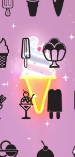 Neon ice cream cone on pink background with whimsical designs.