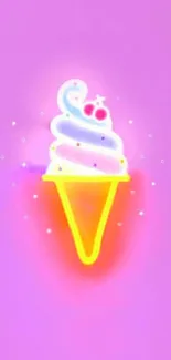 Neon ice cream cone on pink background wallpaper.