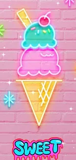 Vibrant neon ice cream on a pink brick wall background.