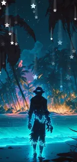 Neon adventurer facing a flaming island against azure blue ocean.