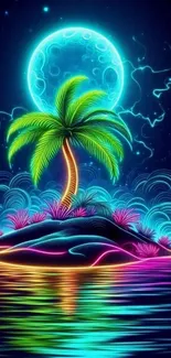 Neon island with palm tree under a glowing full moon reflecting over the ocean.