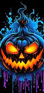 Neon Jack-o'-Lantern with blue splashes on a black background.