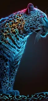 Neon illustration of a jaguar in profile with glowing colors on a dark background.