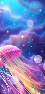 Neon jellyfish floating in a starry cosmic background.