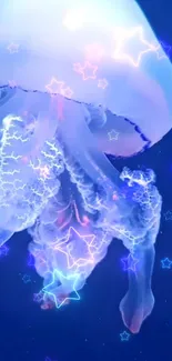 Neon jellyfish with glowing stars mobile wallpaper.