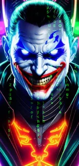 Vibrant neon Joker cyberpunk art wallpaper with glowing colors.