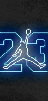 Neon Jordan 23 logo glowing in blue on dark background.