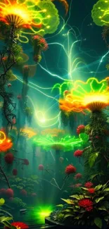 Neon jungle fantasy wallpaper with glowing plants.