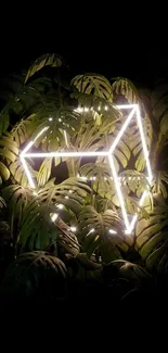 Neon geometric shape among dark green leaves creates a striking mobile wallpaper.