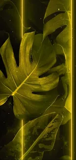 Neon green jungle leaf wallpaper with glowing lines.