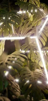 Neon lights illuminate jungle leaves with geometric shapes.