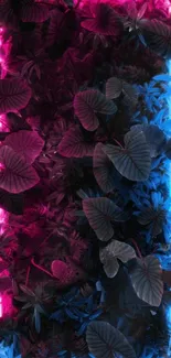 Neon pink and blue leaves creating a vibrant jungle effect.