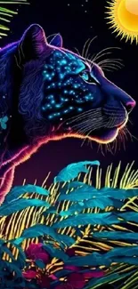 Vibrant neon panther in jungle with exotic plants and sun.