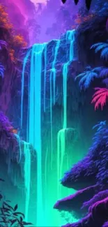 Neon jungle waterfall with vibrant colors and lush surroundings.