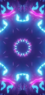 Neon kaleidoscope pattern with blue and pink glow