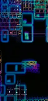 Neon keyboard with colorful glowing keys on a black background.