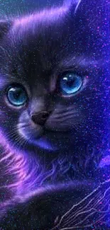 A glowing neon kitten with vibrant blue eyes against a galactic purple background.