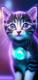 Neon kitten with glowing blue eyes in a digital sci-fi style.