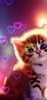 Neon kitten with colorful hearts wallpaper for phones.