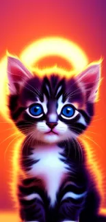 Vibrant neon kitten with blue eyes in colorful mobile wallpaper.