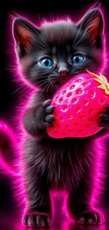 Neon kitten holding a large strawberry with vibrant colors.
