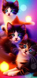 Three adorable kittens illuminated by glowing neon lights on a vibrant background.