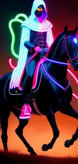 Hooded neon knight riding a glowing horse against an orange backdrop.