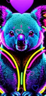 Neon koala with heart in colorful lights.