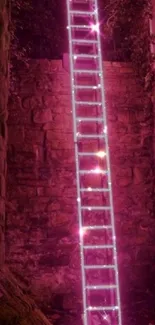 Neon lit ladder in a dim urban alley with purple hues.