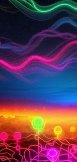 Vibrant neon landscape with colorful swirling patterns for mobile wallpaper.