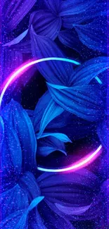 Vibrant neon circle with purple leaves background.