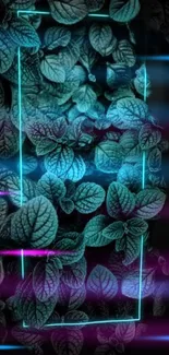 Vibrant neon leaves with a glowing blue and purple effect for mobile wallpaper.