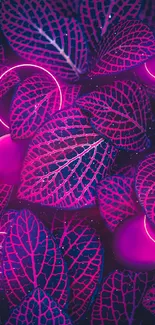 Vibrant neon leaves on a purple background.