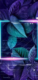 Neon leaf wallpaper with purple hues and glowing frame.