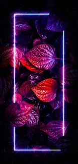 Glowing neon rectangle with vibrant leaves wallpaper.