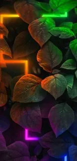 Dark green leaves with neon rainbow lighting.