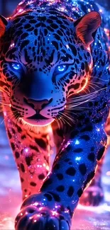 Vivid neon leopard walking in a vibrant fantasy setting.