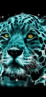 Neon blue leopard with glowing eyes and intricate patterns.