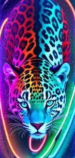 Vibrant neon leopard design with glowing colors on a mobile wallpaper.