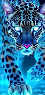 Neon leopard with glowing eyes and vibrant blue hues.