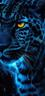 Neon blue leopard with glowing eyes.