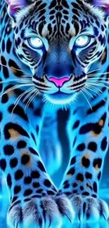 Neon leopard walking with blue glow.