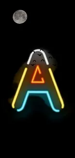 Neon letter A with a moon background on a black screen.