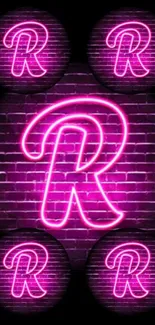 Neon R glowing against a brick wall, vibrant and stylish mobile wallpaper.